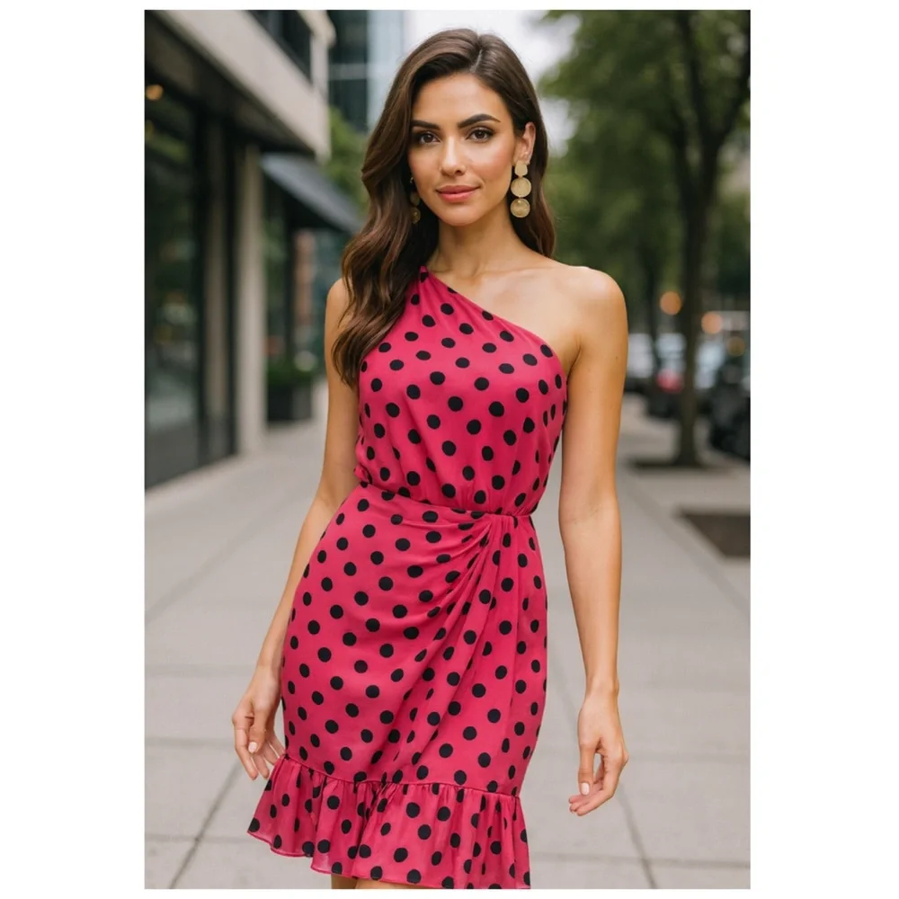 Derek Lam 10 Crosby Pink Polka Dot One Shoulder Ruffle Mini Dress 18